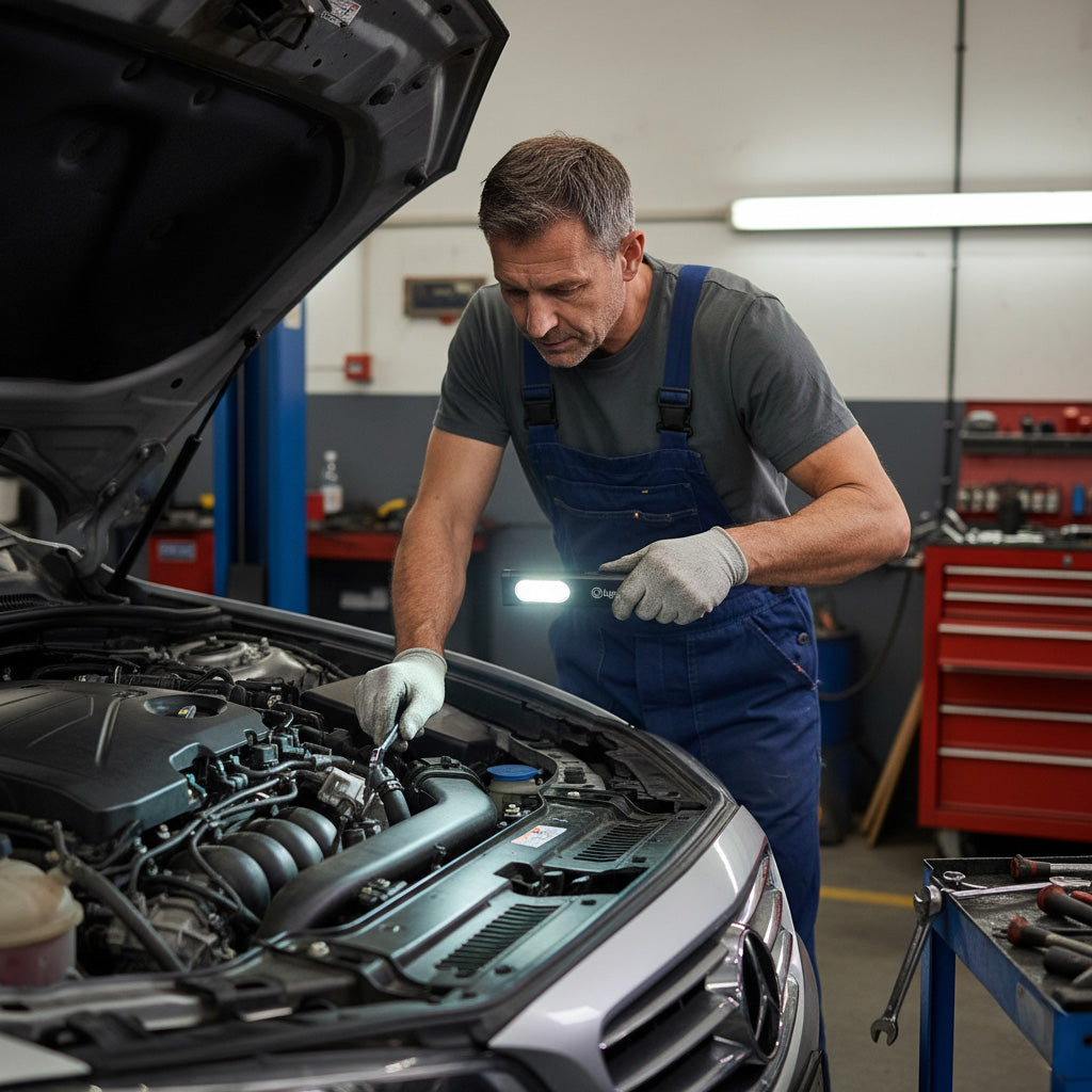Mechanic in blue overalls inspecting car engine under open hood with handheld light in workshop