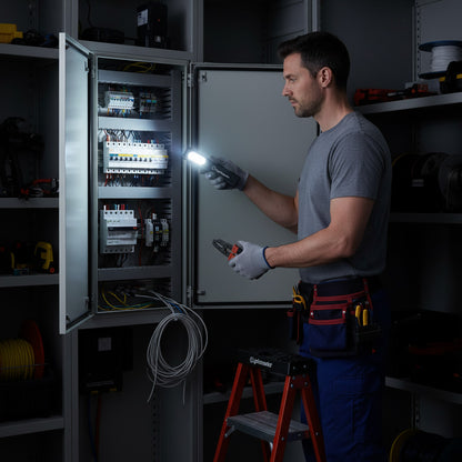 Electrician inspecting circuit breaker panel with flashlight in dimly lit utility room